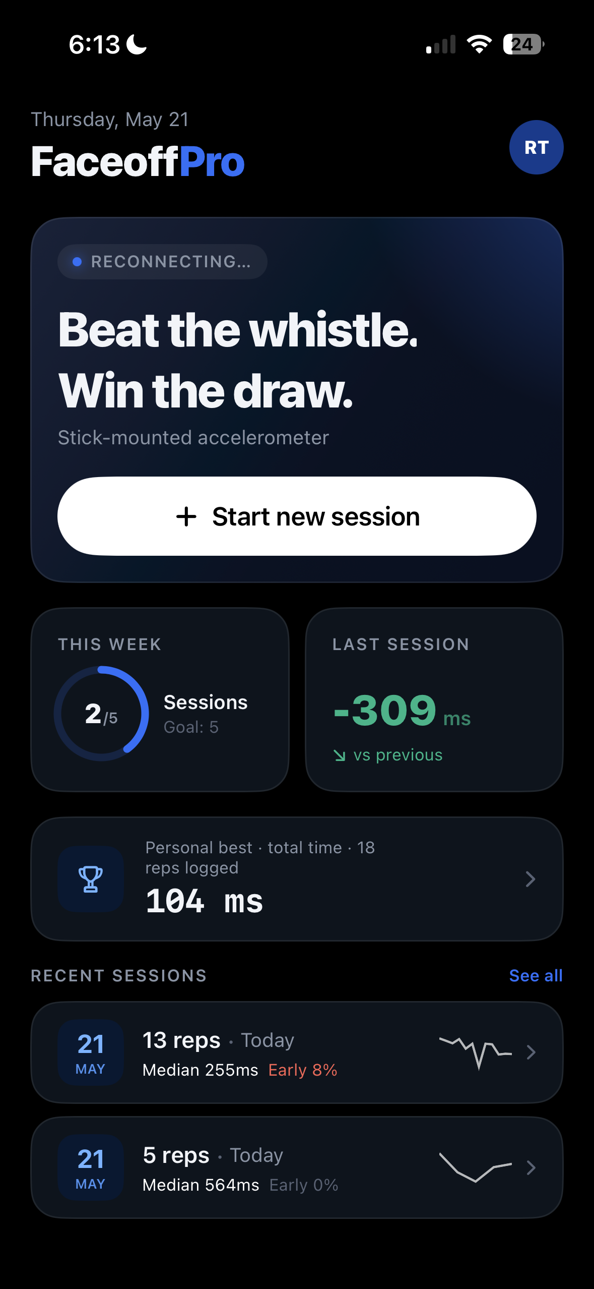 FaceoffEdge app home screen — last session delta, weekly sessions ring, personal best, recent sessions