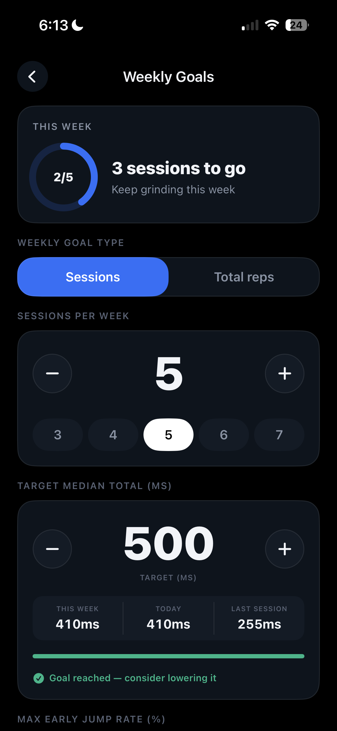 Weekly goals — sessions target, median target, early-jump cap