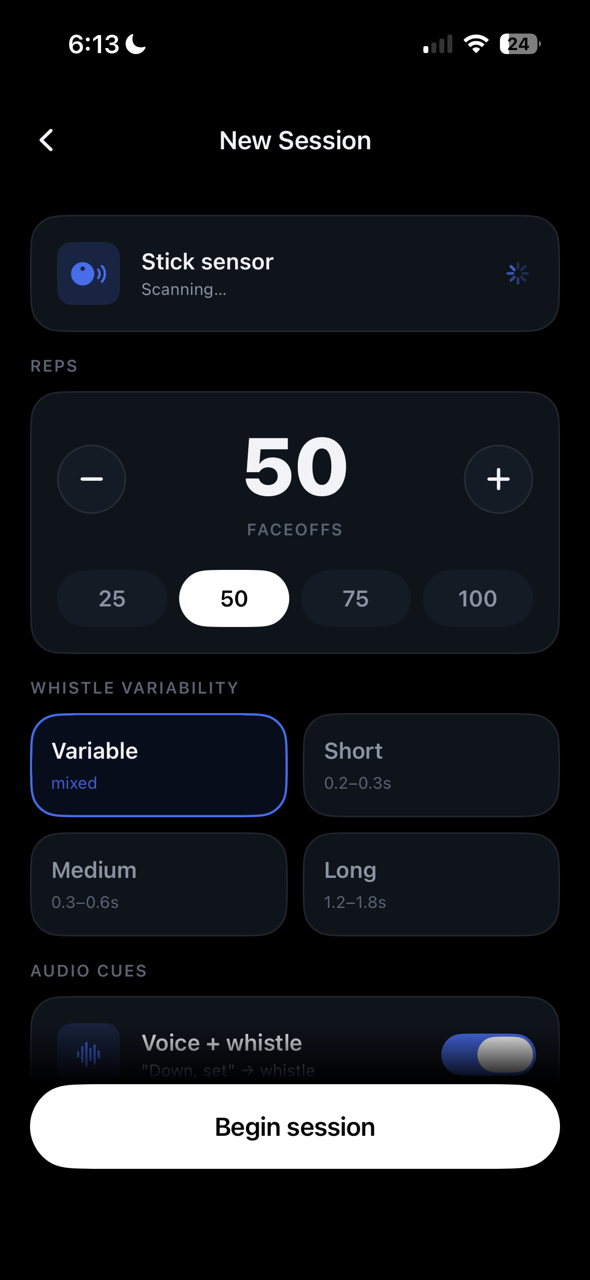 New session setup — sensor pairing, reps, whistle variability, audio cues